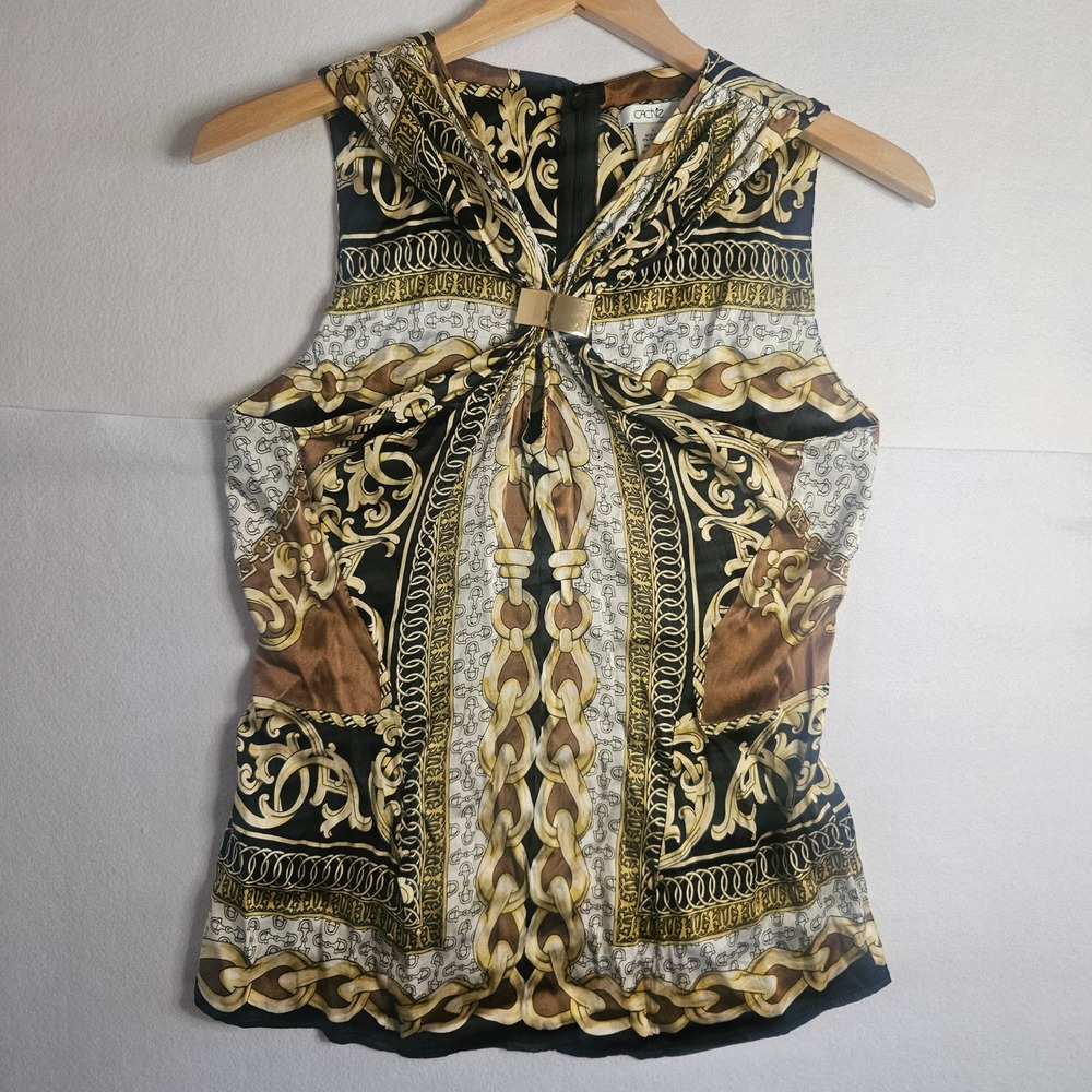 Vtg Cache Womens Silk Blend Baroque Sleeveless Buckle Blouse Baroque Gold L Y2K
